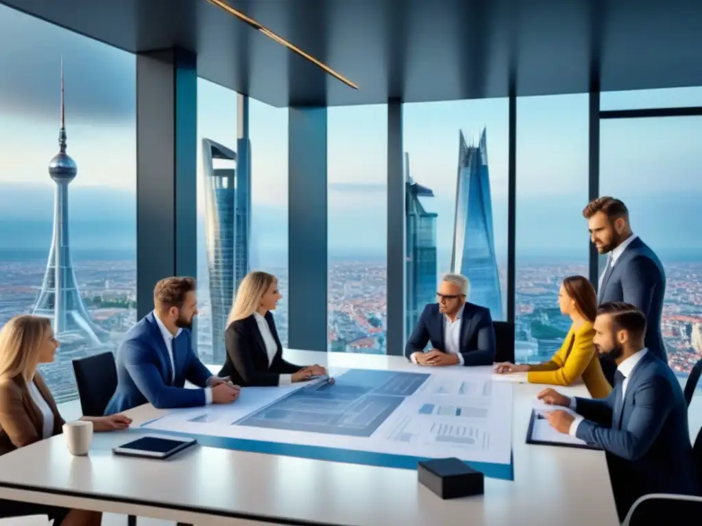 Innovación inmobiliaria: profesionales colaborando en una ciudad europea Profesionales discuten la importancia de hipotecas en mercado inmobiliario europeo, entre rascacielos y edificios tradicionales