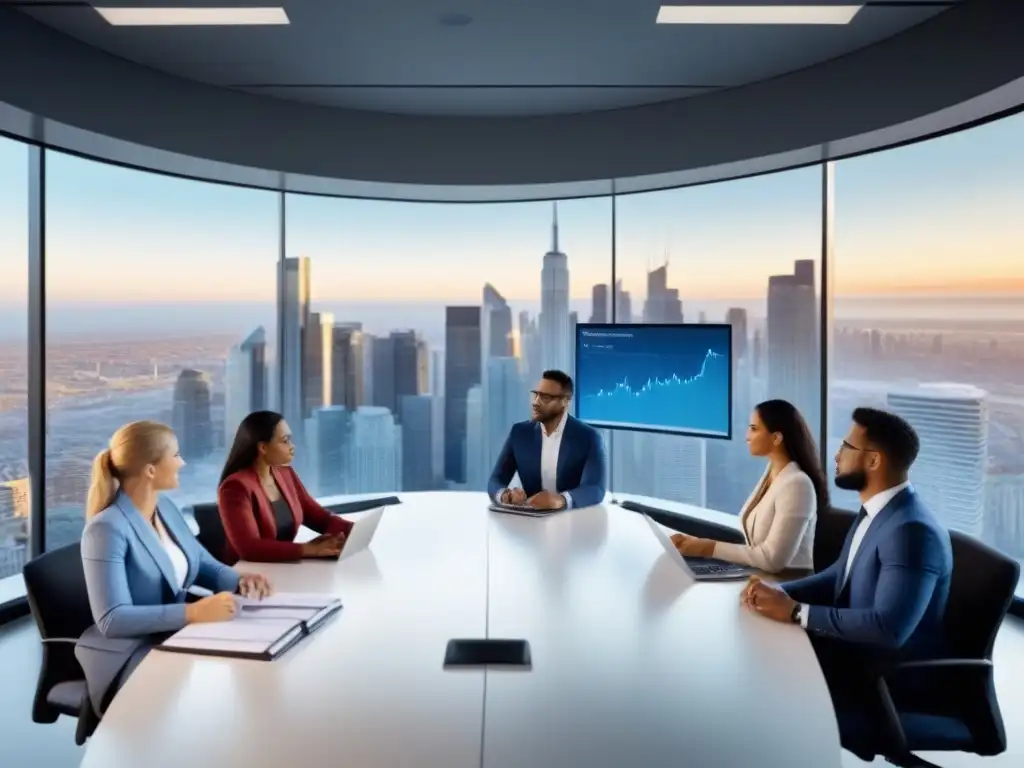 Expertos en Real Estate debatiendo en oficina moderna Profesionales discuten impuestos plusvalía venta propiedades en moderna oficina con vista a la ciudad