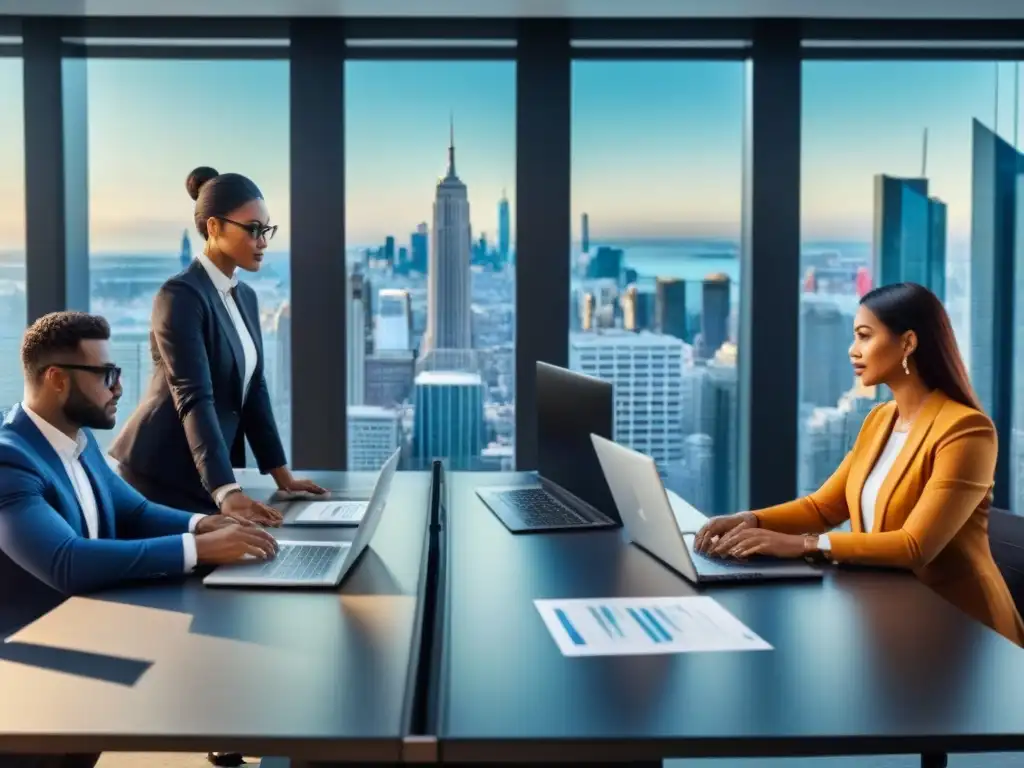 Profesionales colaborando en sala de reuniones con gráficos financieros Profesionales colaboran gestionando eficientemente ingresos y gastos en oficina moderna