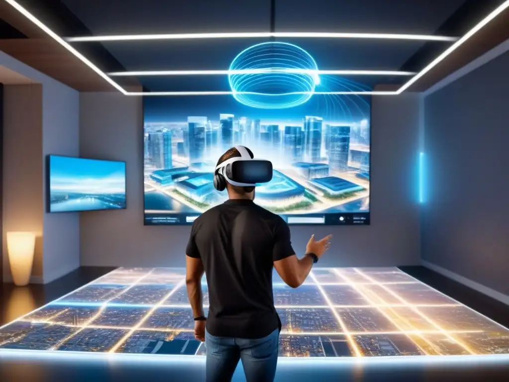 Realidad virtual inmersiva: Revolución en el sector inmobiliario Profesionales inmersos en Realidad Virtual en inversiones inmobiliarias en oficina futurista