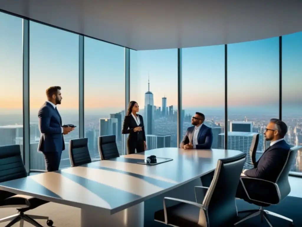 Profesionales debatiendo en mesa futurista en oficina moderna Profesionales de la sindicación inmobiliaria y aspectos legales en reunión en oficina moderna con vista a la ciudad