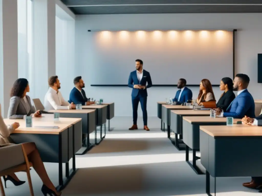 Clase moderna de agentes inmobiliarios en debate profesional Profesionales inmobiliarios en aula moderna y luminosa, discutiendo certificaciones de alto valor inmobiliario