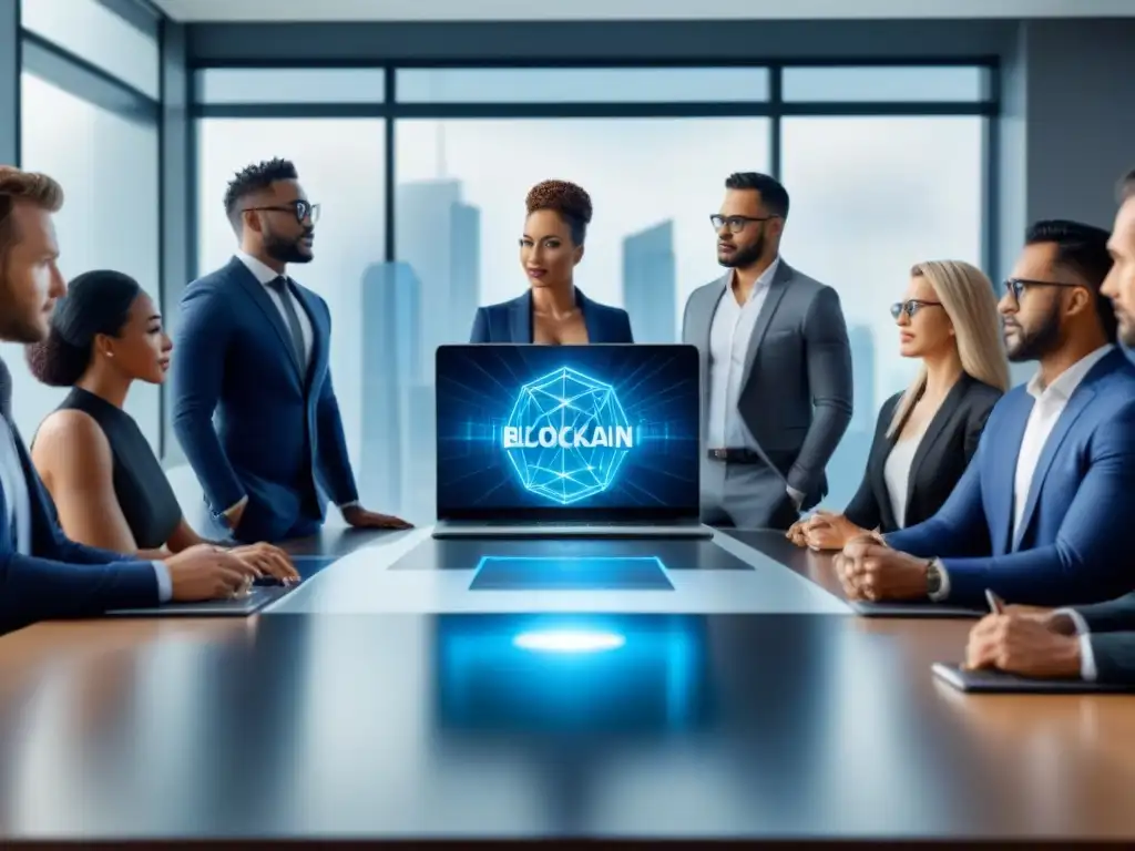 Profesionales inmobiliarios analizan blockchain en oficina moderna Profesionales inmobiliarios discuten Blockchain en Bienes Raíces en oficina moderna