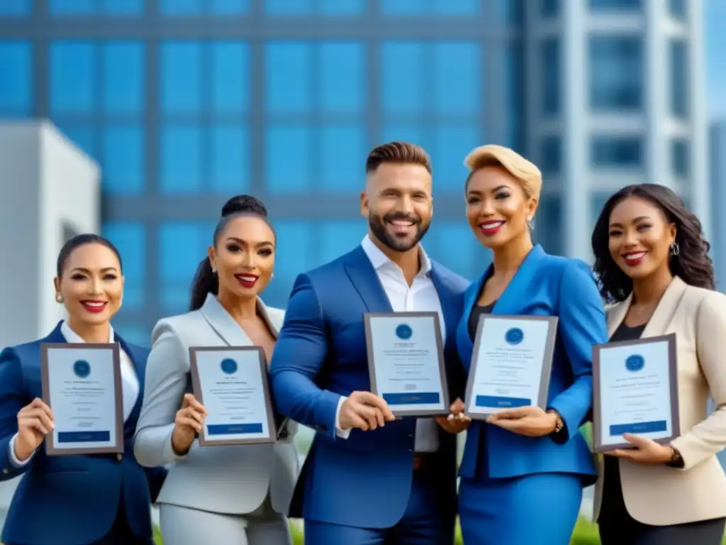 Profesionales inmobiliarios certificados: éxito y confianza Profesionales inmobiliarios con certificaciones bienes raíces perfil profesional posan orgullosos frente a edificio moderno