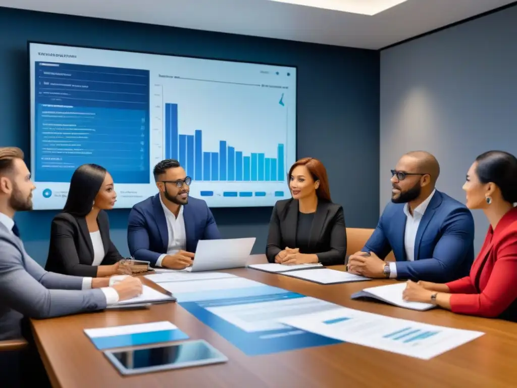 Reunión estratégica de profesionales inmobiliarios Profesionales inmobiliarios diversificados en reunión estratégica, planificación sindicación inmobiliaria