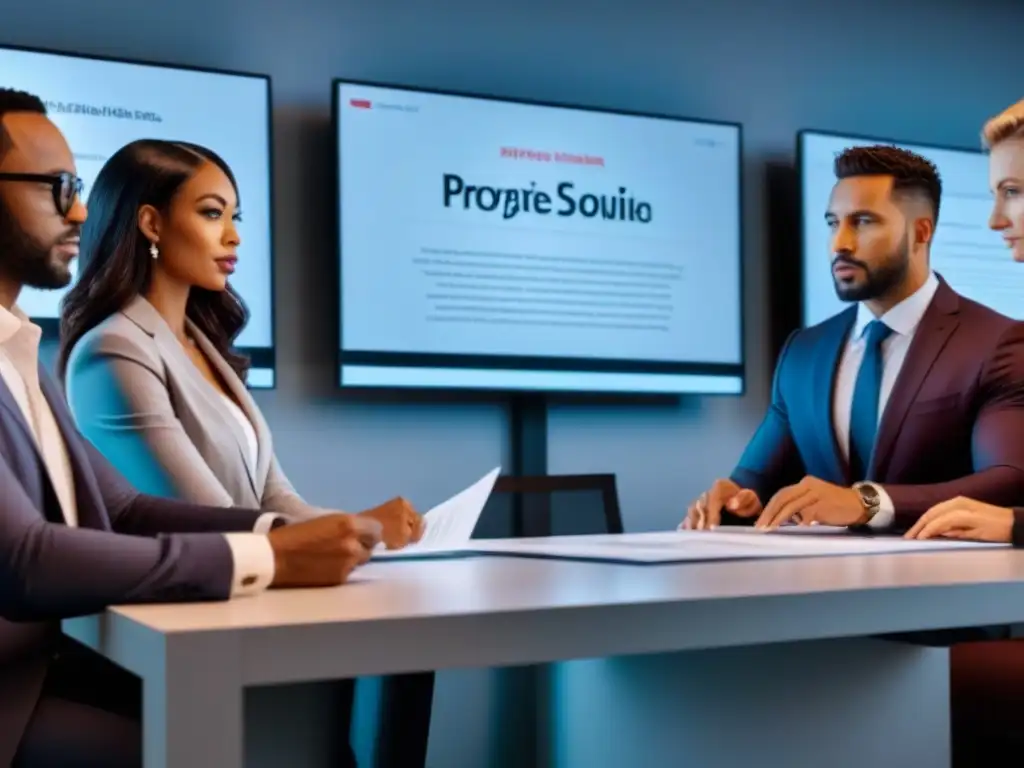 Profesionales inmobiliarios analizan contratos legales en oficina moderna Profesionales inmobiliarios analizando documentos legales en una oficina moderna y tecnológica
