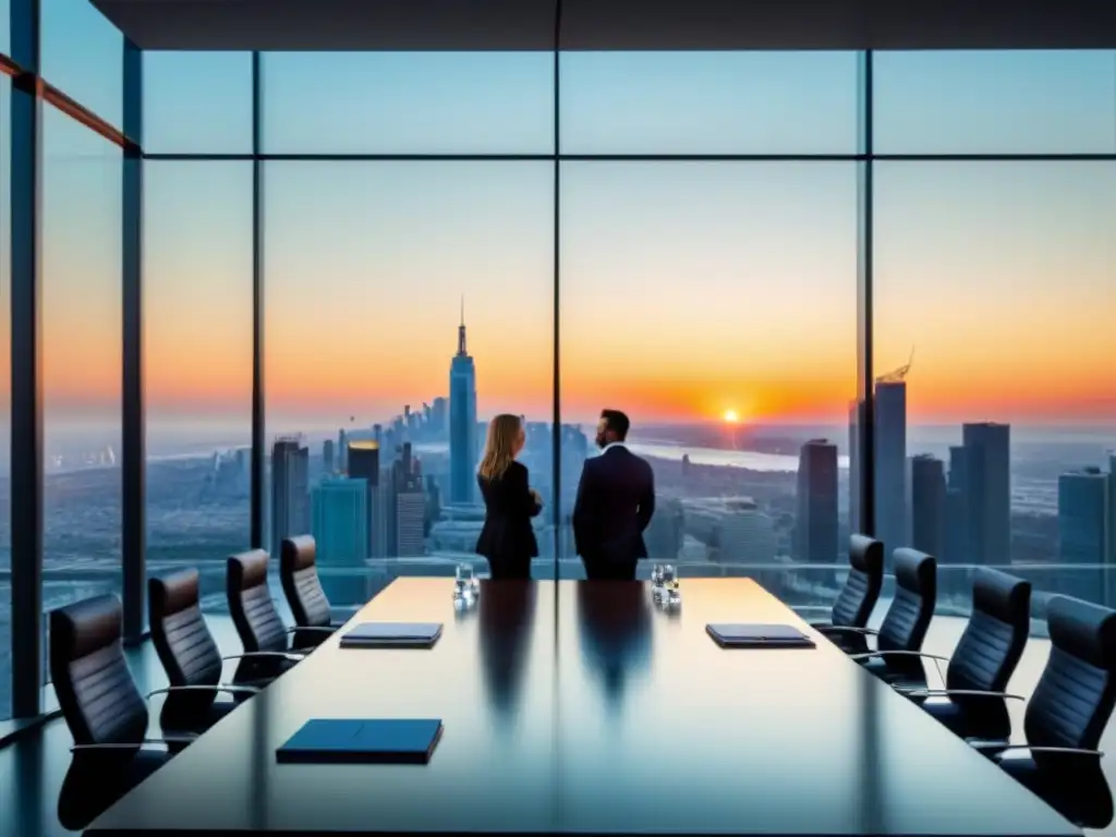 Profesionales inmobiliarios en reunión de planificación fiscal en sala de juntas moderna al atardecer Profesionales inmobiliarios discuten estrategias fiscales en moderna sala de juntas al atardecer