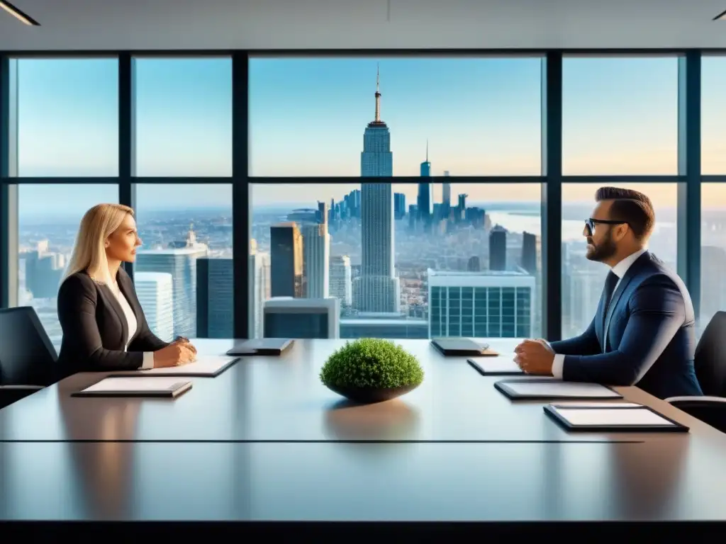 Reunión estratégica: profesionales inmobiliarios en oficina moderna Profesionales inmobiliarios planificando estrategias de inversión postcrisis en moderna oficina con vista panorámica de la ciudad