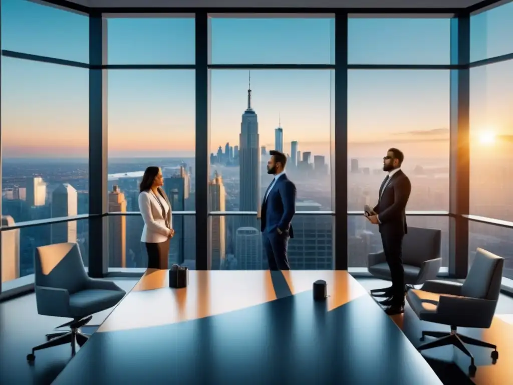 Oficina moderna con profesionales: éxito en bienes raíces Profesionales inmobiliarios innovando con aplicación gestión inmobiliaria financiamiento