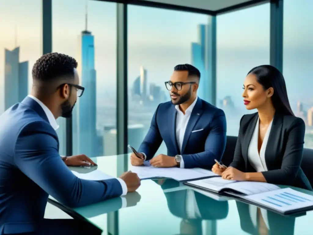 Profesionales inmobiliarios analizando inversiones globales en sala de reuniones moderna Profesionales inmobiliarios analizan inversiones con gestión eficiente en moderna sala de juntas
