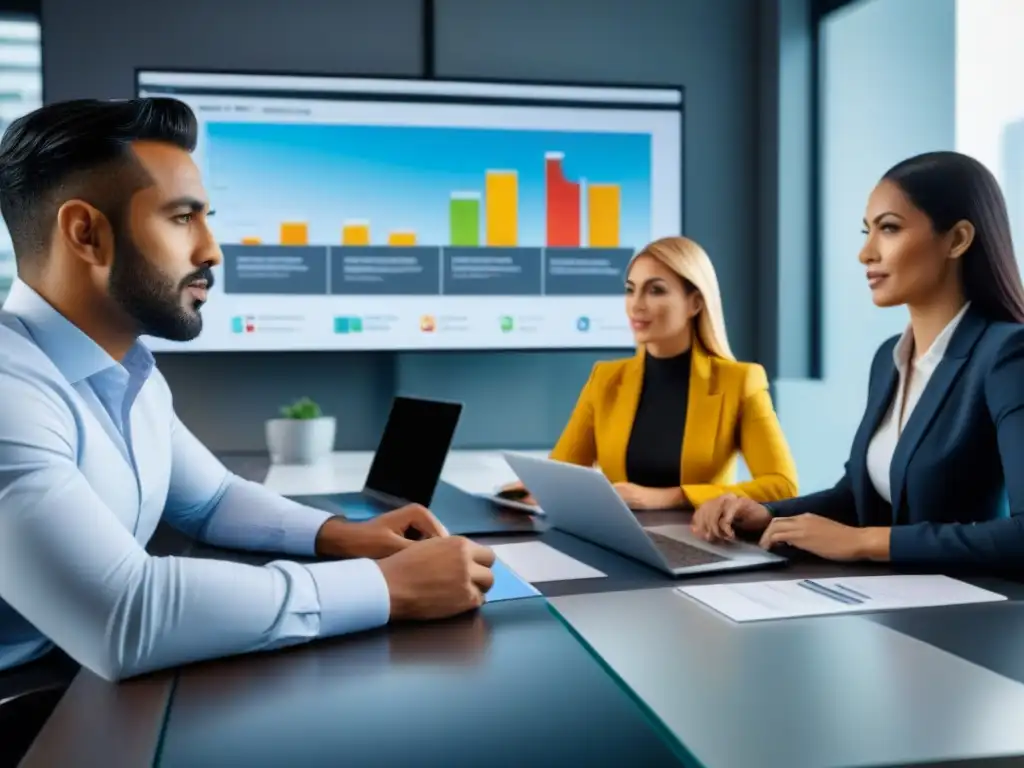 Profesionales inmobiliarios expertos en reunión de financiamiento Profesionales inmobiliarios discuten negociación de financiamiento en moderna oficina