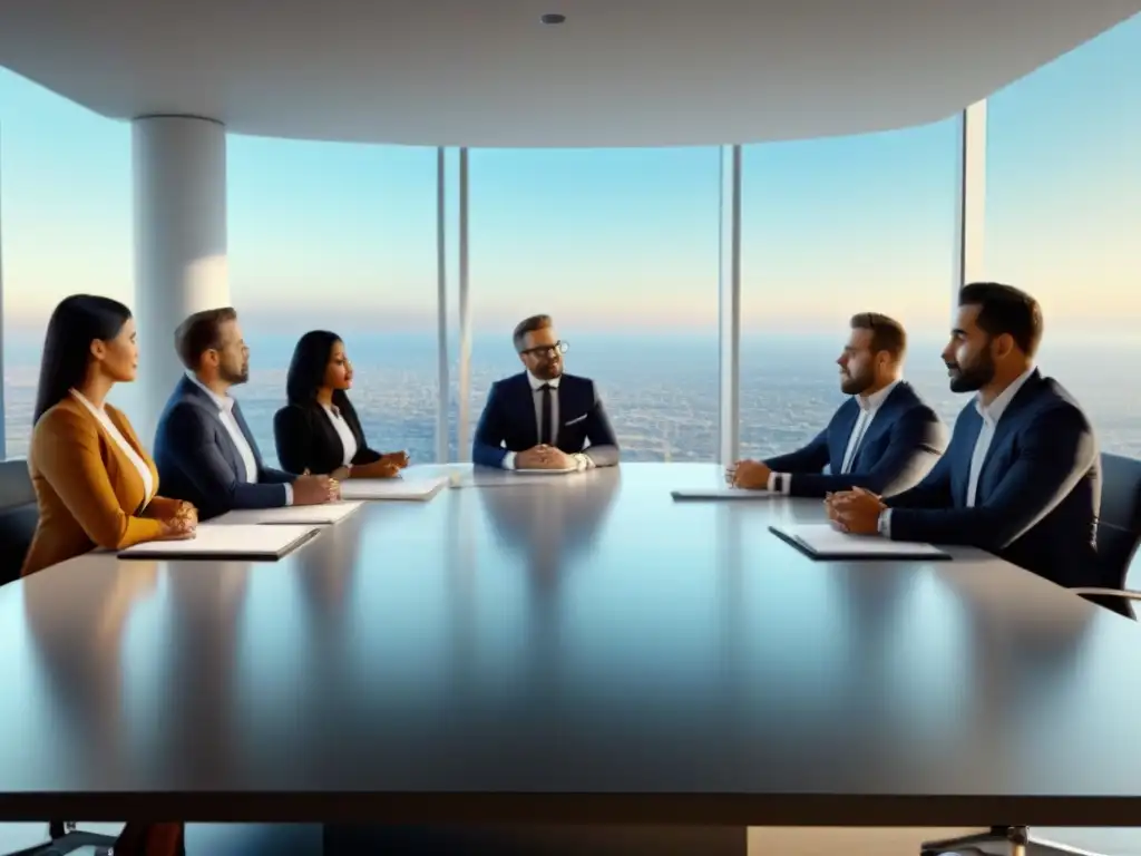 Profesionales inmobiliarios en reunión de alto impacto Profesionales inmobiliarios discuten normativa financiamiento inmobiliario local en moderna oficina luminosa