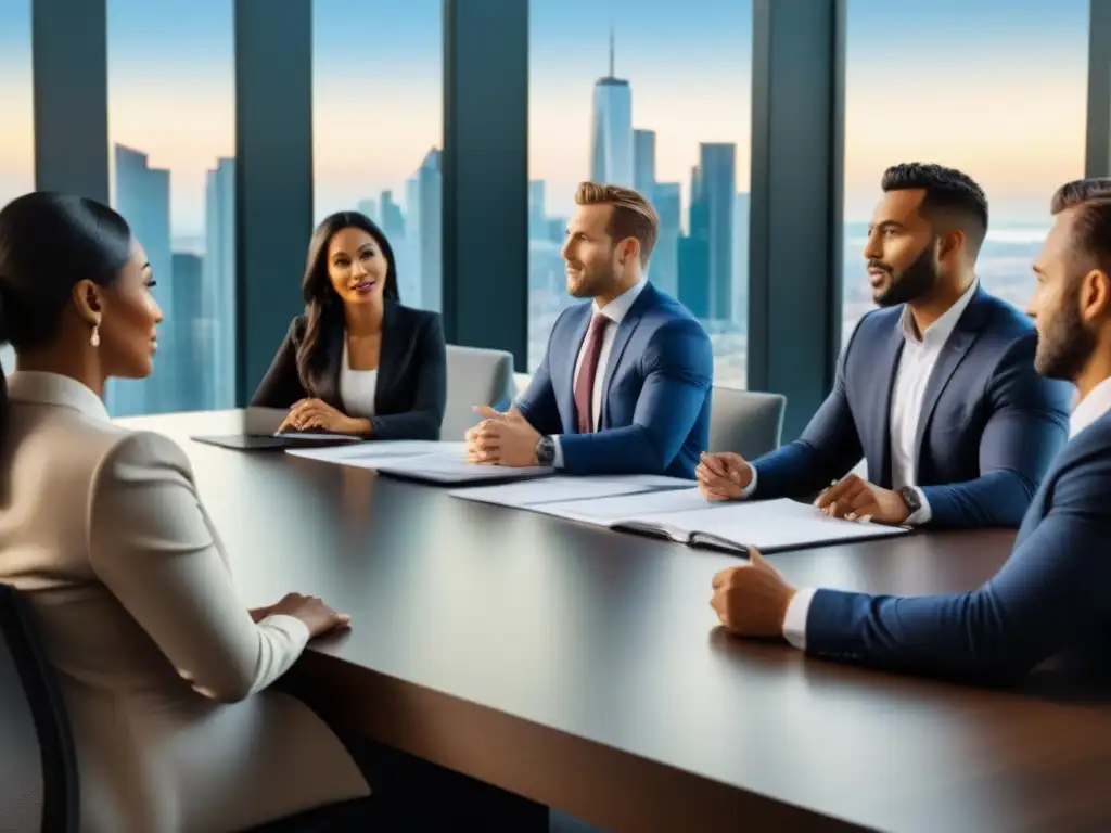 Profesionales inmobiliarios debatiendo regulaciones locales en sala moderna Profesionales inmobiliarios discuten normativas inmobiliarias locales actualizadas en una sala moderna con vista a la ciudad