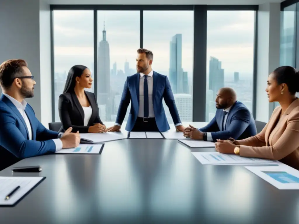 Reunión estratégica de profesionales inmobiliarios en alta definición 8k Profesionales inmobiliarios en reunión estratégica, discutiendo con determinación