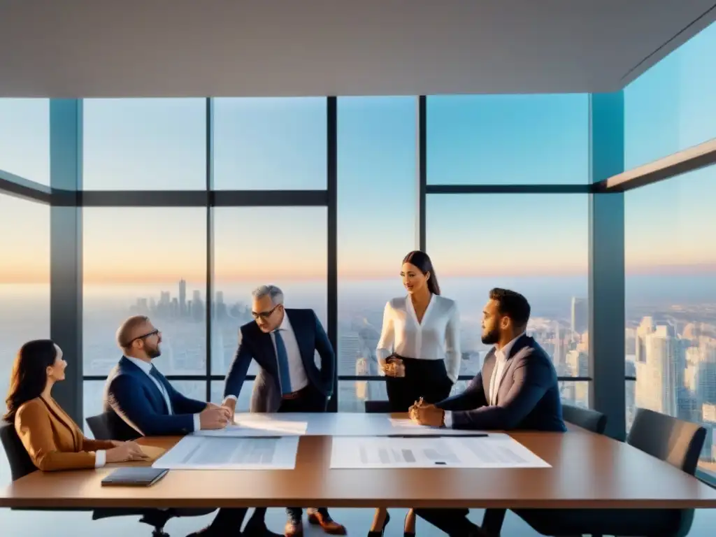 Profesionales debatiendo leyes y regulaciones: imagen 8k Profesionales de inversión inmobiliaria discuten normativa local en moderno entorno de negocios con vista a la ciudad