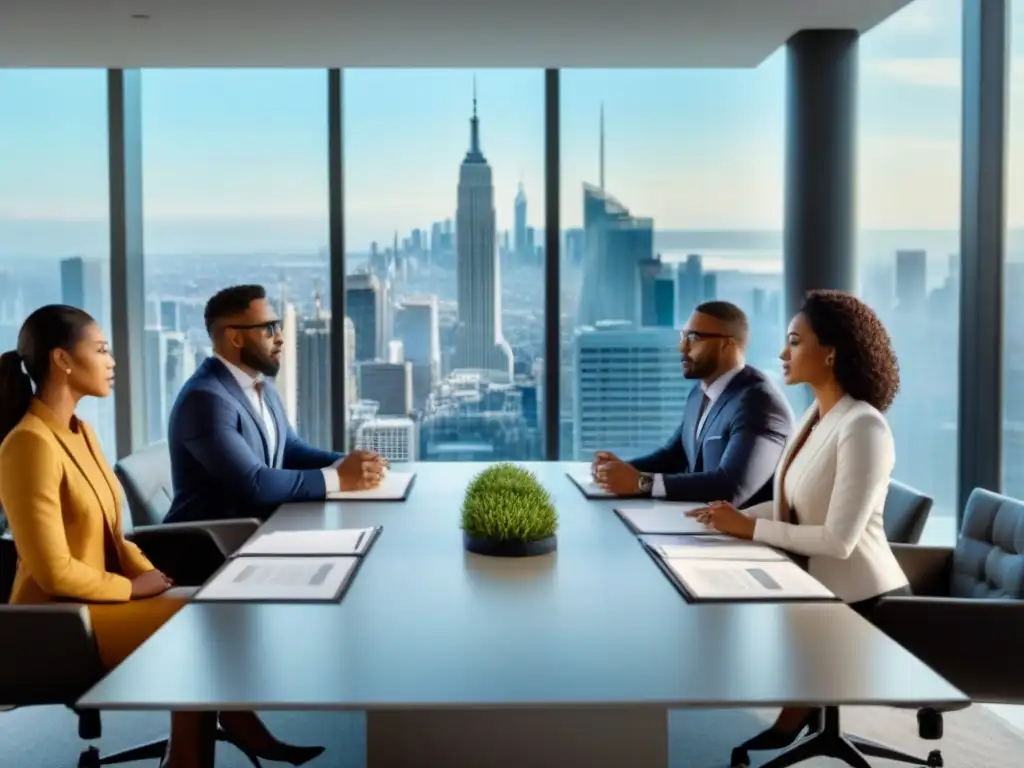 Profesionales en reunión de negocios en ambiente urbano sofisticado Profesionales debatiendo sobre inversiones inmobiliarias en una elegante sala de reuniones, con vista a la ciudad