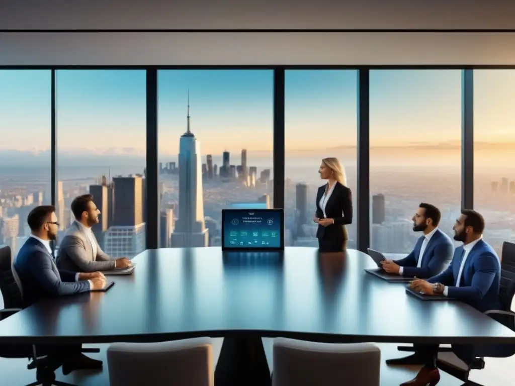 Profesionales globales analizan mercado inmobiliario Profesionales discuten inversiones inmobiliarias globales en moderna sala de juntas con vista a la ciudad