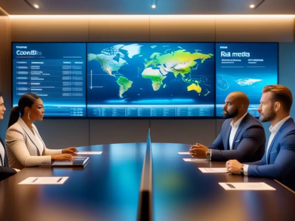 Profesionales debaten inversiones inmobiliarias internacionales en sala moderna con regulaciones globales