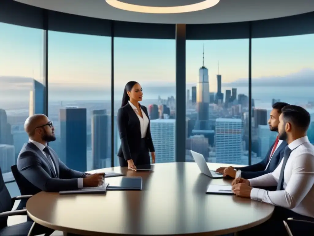 Profesionales diversificados discuten regulaciones de inversión inmobiliaria en sala de reuniones moderna y elegante con vista a la ciudad Profesionales debaten regulación de inversiones inmobiliarias en sala de juntas moderna con vista a la ciudad