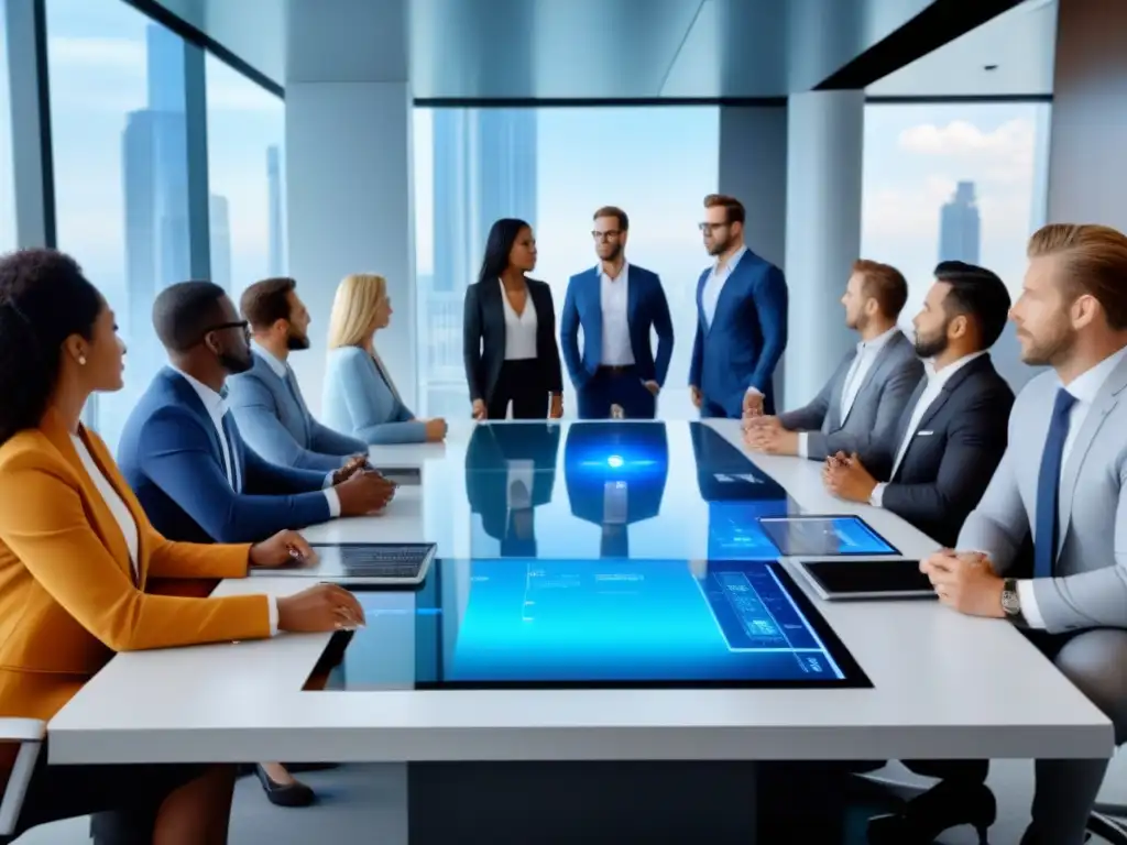 Reunión de inversores en edificio de oficinas de alta tecnología Profesionales e inversores en reunión de crowdfunding inmobiliario en oficina moderna de alto nivel