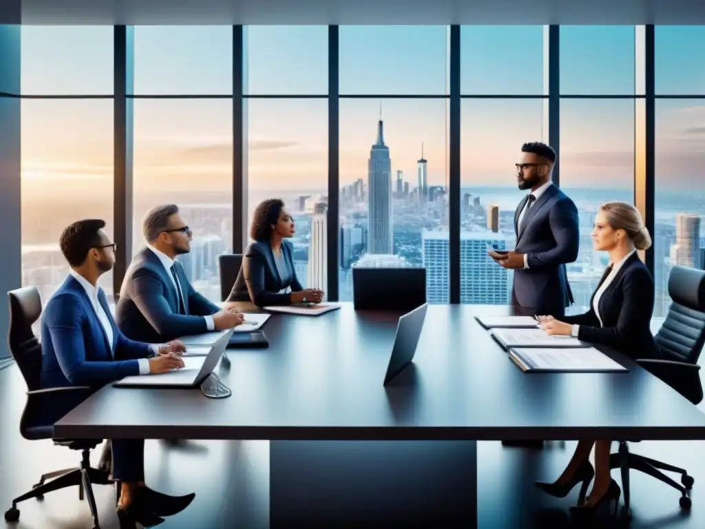 Profesionales legales innovando en oficina futurista Profesionales legales diversificados planificando estrategias en moderna oficina jurídica futurista, con vista panorámica crepuscular