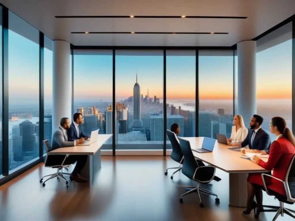 Profesionales del derecho discuten leyes de propiedad en oficina moderna Profesionales discuten leyes propiedad horizontal 2021 en oficina moderna con vista a la ciudad