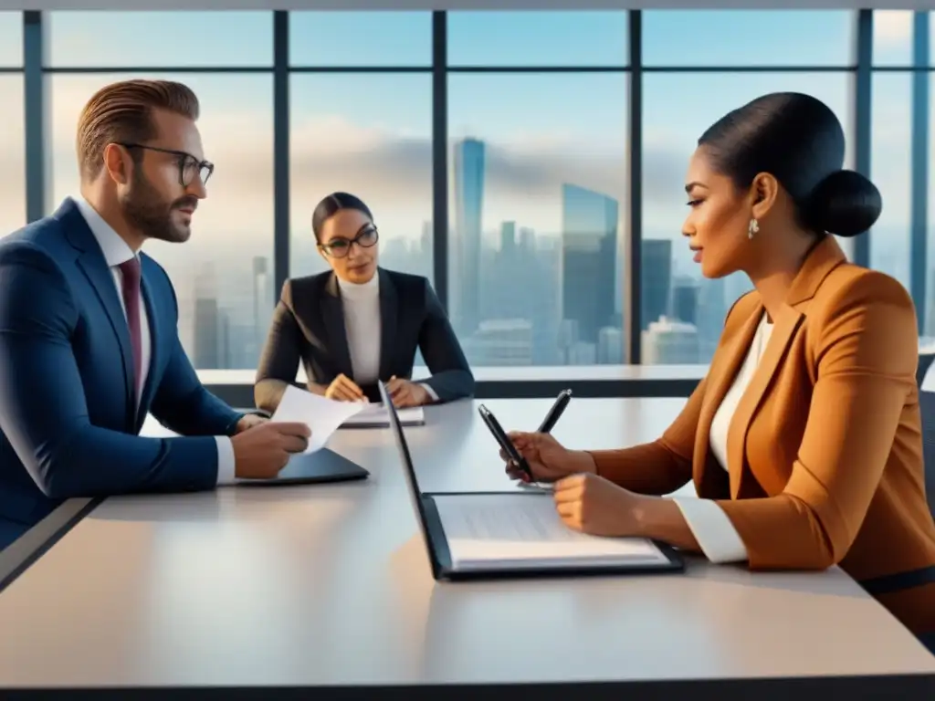 Profesionales debaten desafíos legales 2021 en oficina moderna Profesionales discuten leyes propiedad horizontal 2021 en oficina moderna con vista a la ciudad