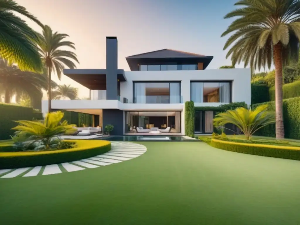 Expertos en mantenimiento de lujo cuidando una villa moderna de ensueño Profesionales en mantenimiento cuidan villa de lujo con meticulosidad