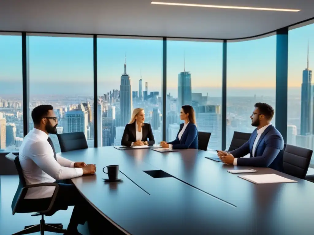 Profesionales inmobiliarios innovadores en reunión colaborativa Profesionales del mercado inmobiliario colaborando en estrategias innovadoras en una oficina contemporánea