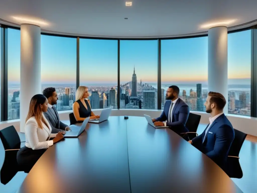 Profesionales inmobiliarios colaborando en moderna oficina Profesionales del mercado inmobiliario discuten estrategias de afiliación en una sala moderna con vista a la ciudad