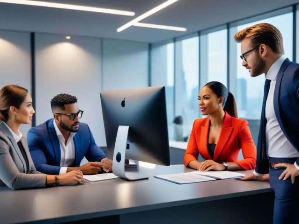Negociación inmobiliaria: diversidad cultural en acción Profesionales negocian en mercado inmobiliario con influencia cultural en moderna oficina