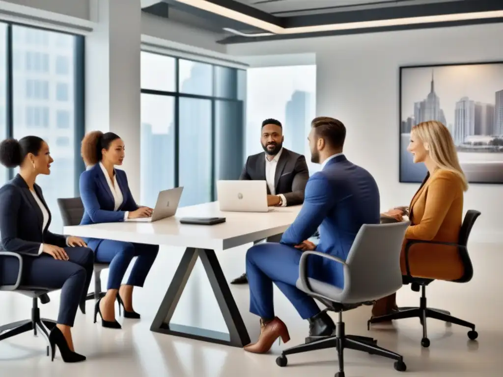 Profesionales inmobiliarios colaborando en oficina moderna Profesionales del mercado inmobiliario discuten normativa protección consumidor en moderna oficina luminosa