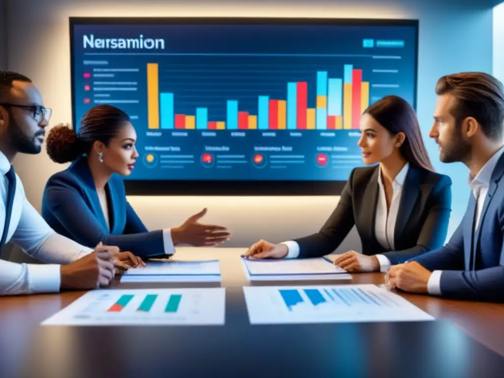 Equipo profesional colaborando: estrategia e innovación Profesionales colaborando en una mesa, discutiendo estrategias para recuperar estabilidad financiera post crisis