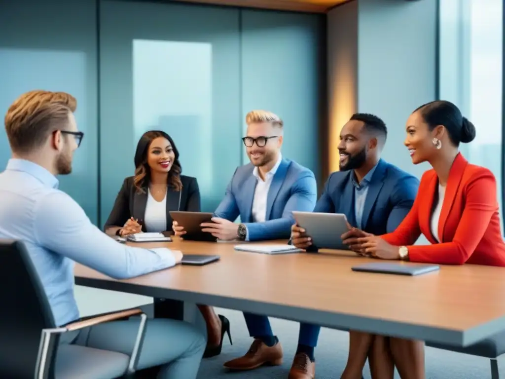 Reunión de profesionales con tecnología moderna y discusión animada Profesionales discuten en mesa moderna con tecnología, destacando vestimenta casual y experticia
