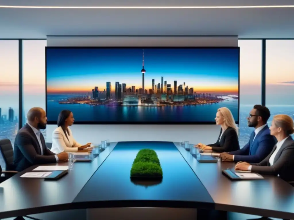 Inversores y expertos inmobiliarios debaten en sala de reuniones futurista Profesionales en mesa de reuniones moderna, debatiendo sobre inversión inmobiliaria internacional