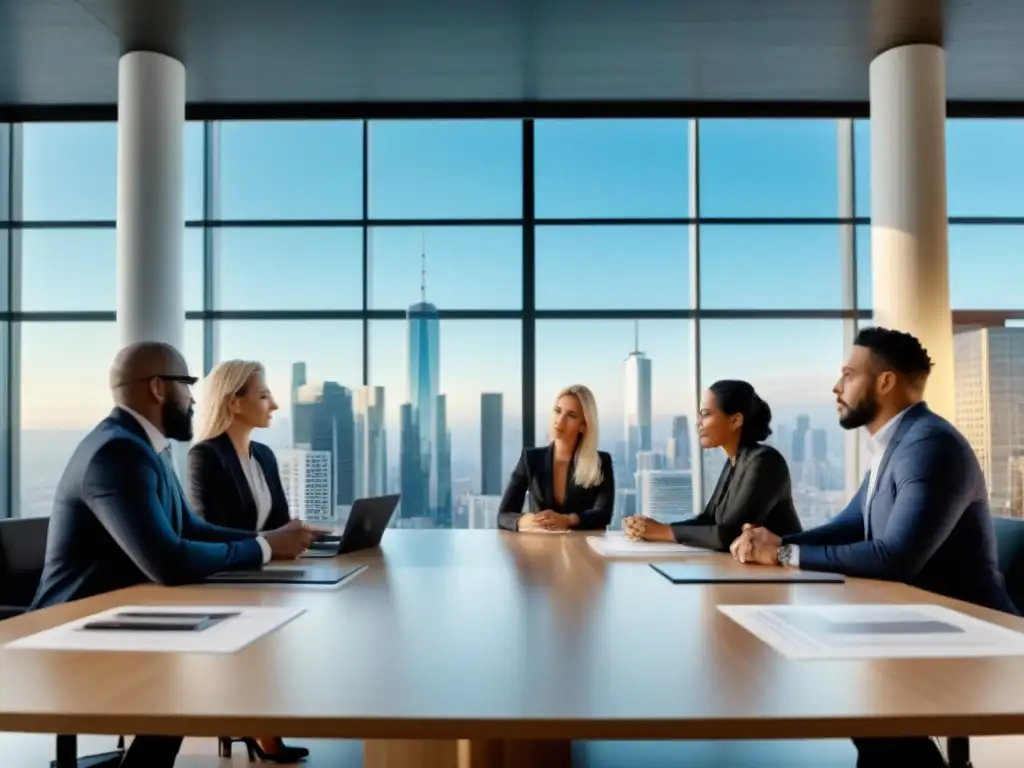 Profesionales inmersos en colaboración en la industria inmobiliaria Profesionales en mesa de reuniones discuten proyectos inmobiliarios