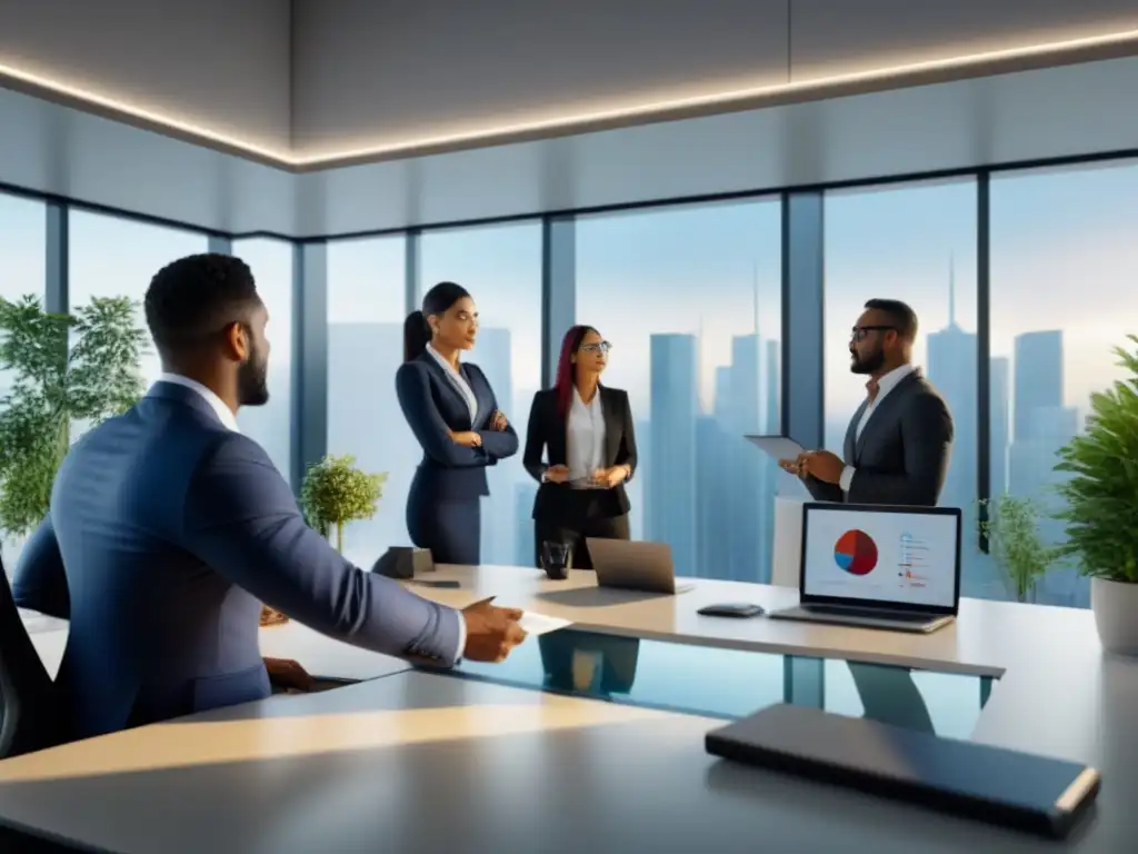 Inversión inmobiliaria inclusiva: equipo diverso en acción Profesionales de minorías colaboran en oficina moderna discutiendo oportunidades financiamiento inmobiliario minorías