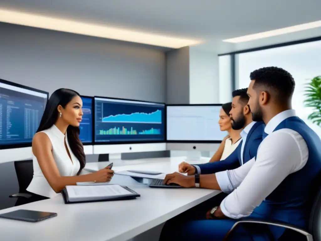 Profesionales realizando due diligence financiera en oficina moderna Profesionales realizando minuciosa Due Diligence Financiera Bienes Raíces en oficina moderna