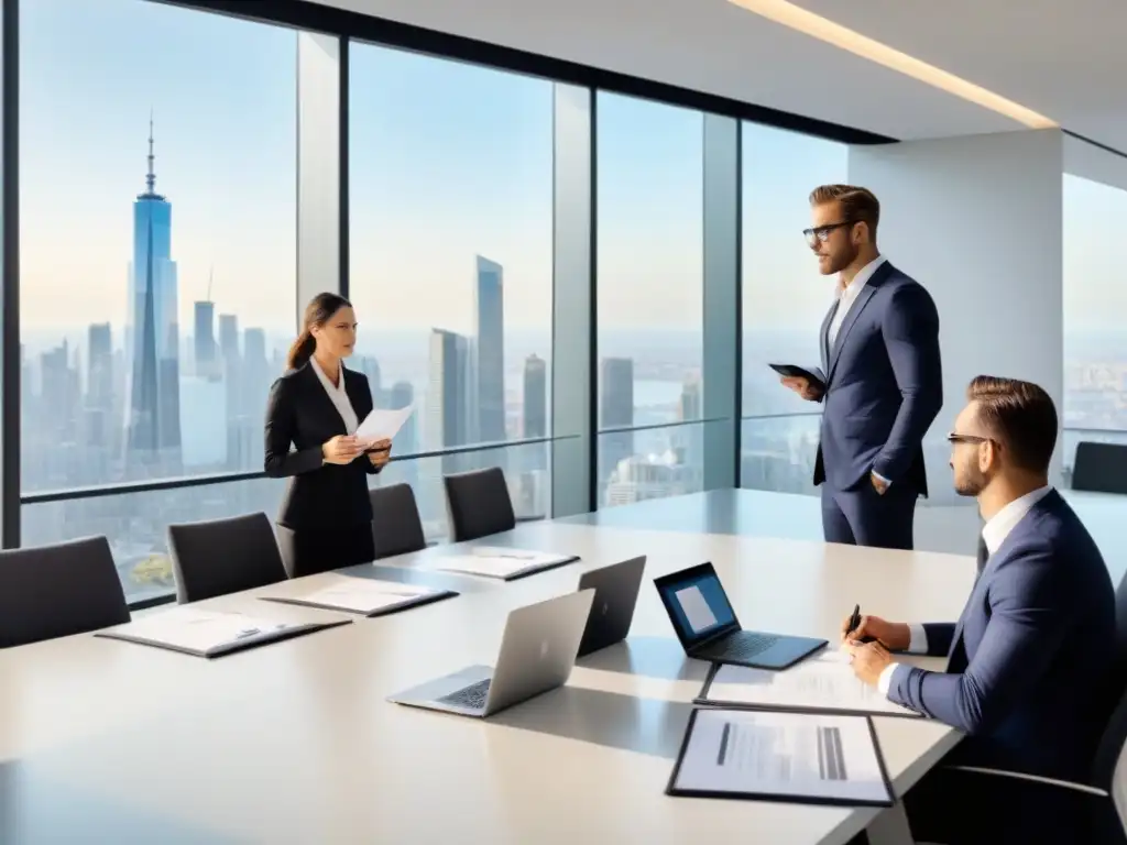 Oficina moderna: profesionales debaten certificaciones inmobiliarias Profesionales en una moderna oficina de bienes raíces comerciales revisando certificaciones
