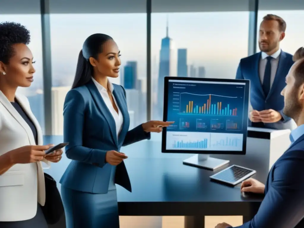 Profesionales diversificados planifican inversión inmobiliaria Profesionales en moderna oficina discuten estrategias de inversión inmobiliaria