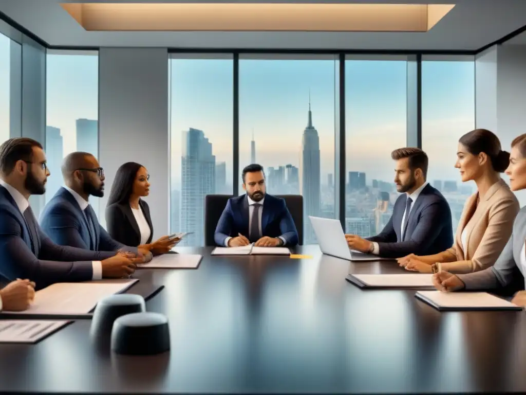 Profesionales debatiendo préstamos inmobiliarios en oficina moderna Profesionales colaboran en moderna oficina sobre riesgos legales préstamos inmobiliarios