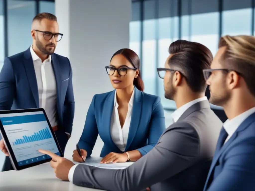 Equipo profesional en oficina moderna: análisis de seguros y propiedades Profesionales en moderna oficina promocionando seguros propiedad