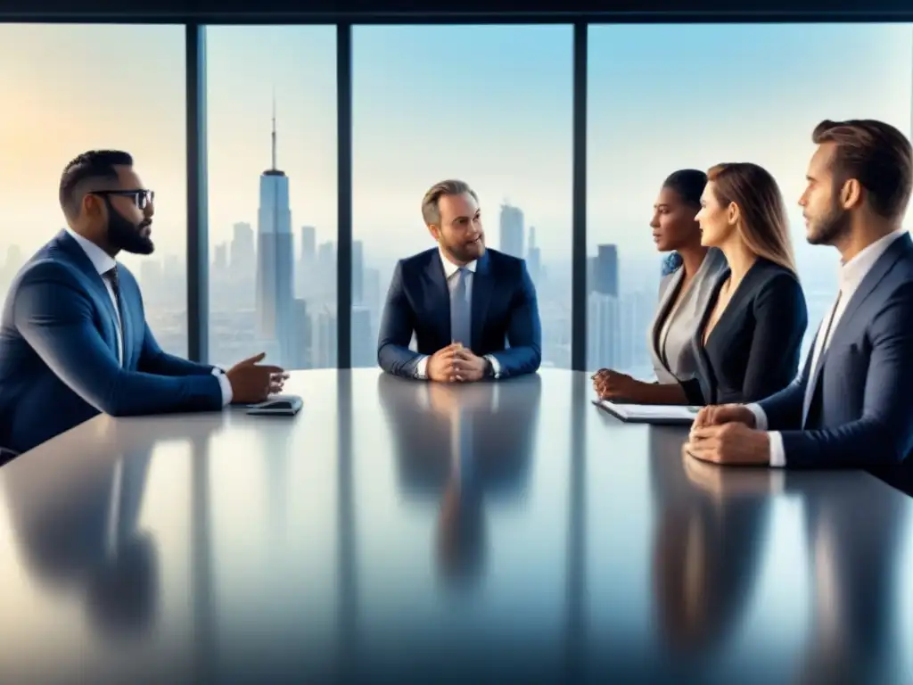 Profesionales en reunión: ambiente sofisticado en oficina moderna Profesionales debatiendo en moderna oficina con vista a la ciudad