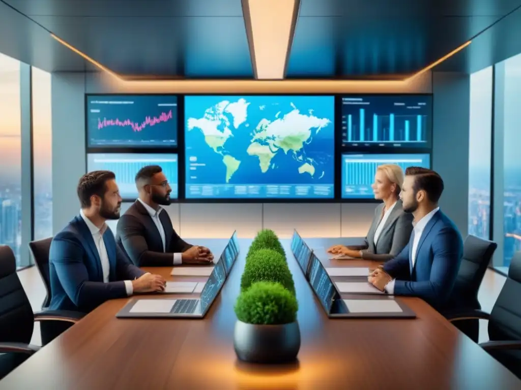 Profesionales globales debatiendo inversiones inmobiliarias internacionales en sala de reuniones futurista de alta tecnología Profesionales en moderna sala de juntas analizan finanzas inmobiliarias internacionales fiscal global