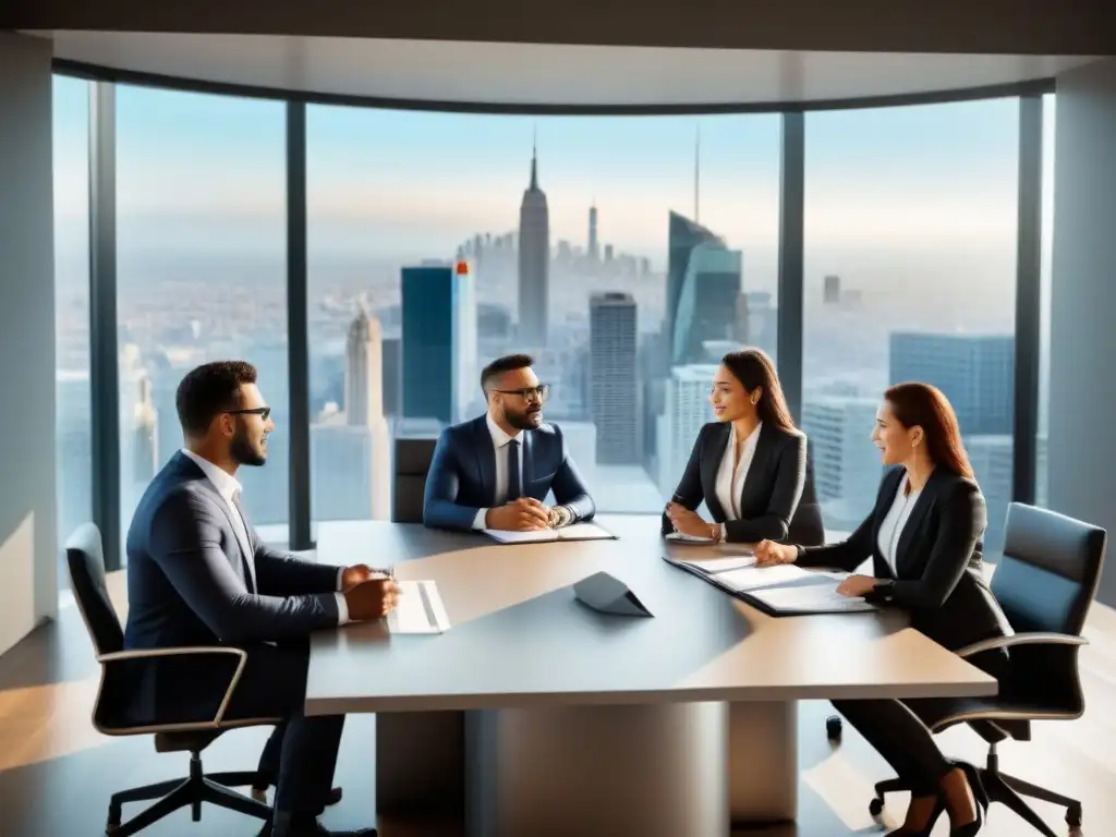 Profesionales financieros en colaboración: estrategia y éxito Profesionales colaboran en moderna sala de reuniones