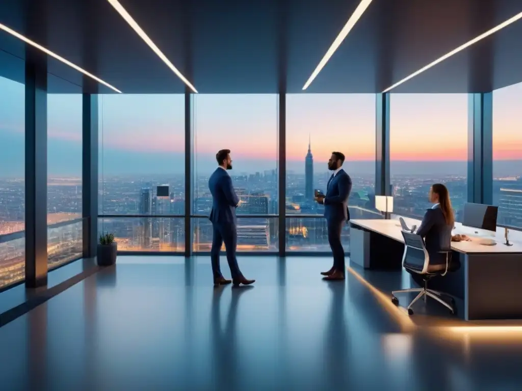 Oficina moderna al atardecer: colaboración y elegancia en la ciudad Profesionales en moderno edificio de oficinas con iluminación ambiental, reflejando la ciudad al atardecer