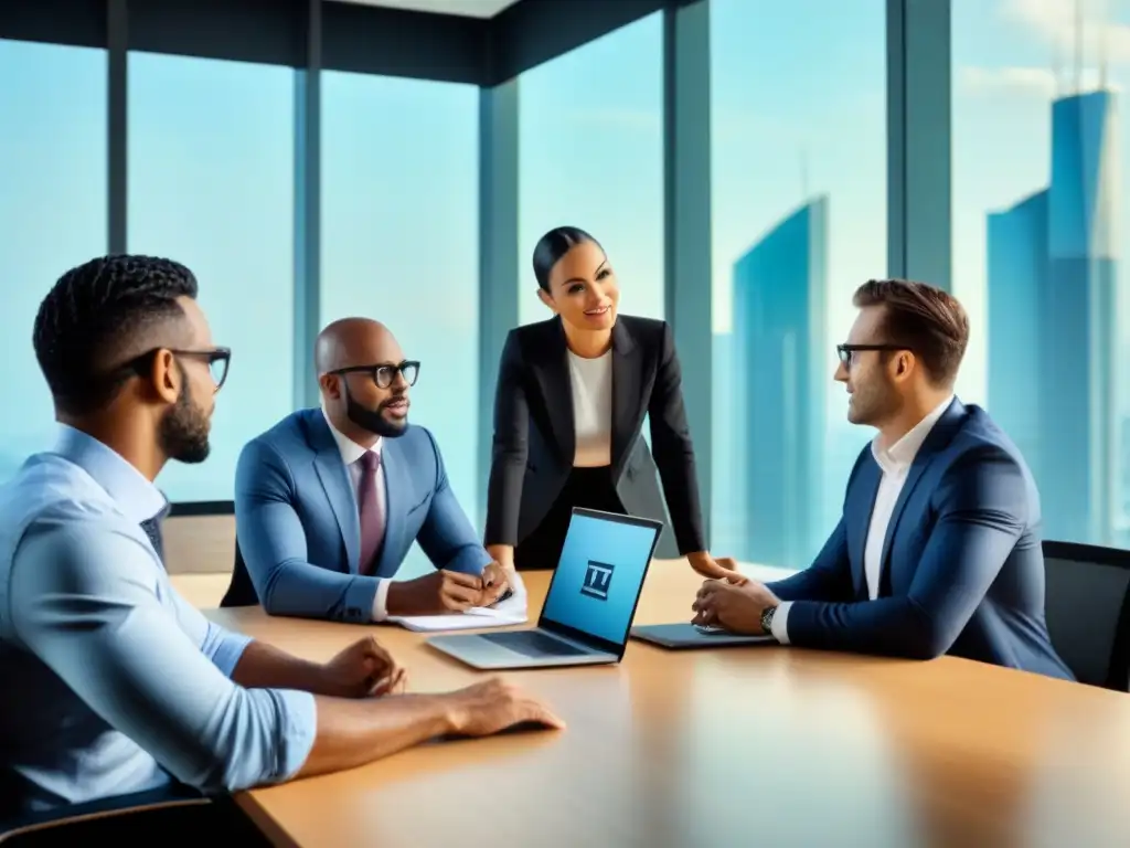 Equipo de profesionales en oficina moderna discutiendo plan de negocios Profesionales de negocios en una oficina moderna discutiendo requisitos préstamo comercial 2023