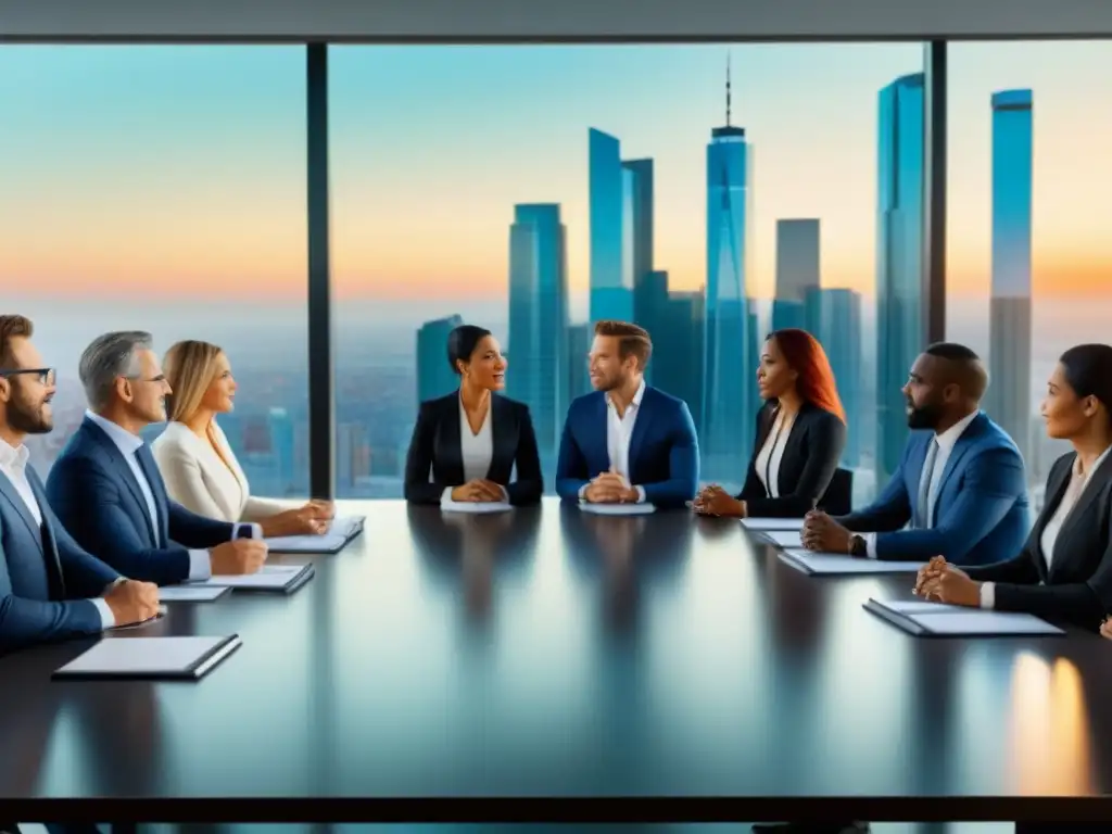 Reunión de profesionales en oficina de alta gama Profesionales de negocios en una reunión de inversión inmobiliaria, bañados por la luz natural en una oficina moderna con vista a la ciudad