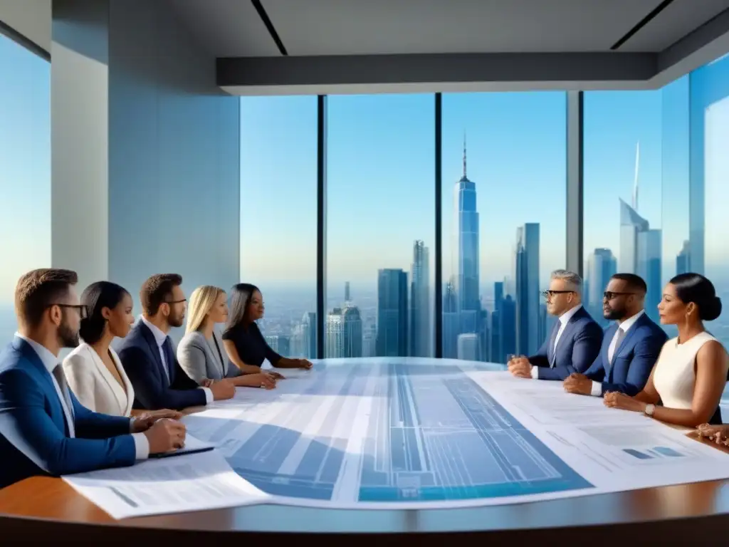 Profesionales debaten normativas financieras inmobiliarias Profesionales discuten normativa financiamiento inmobiliario local en elegante sala de reuniones con vista a la ciudad