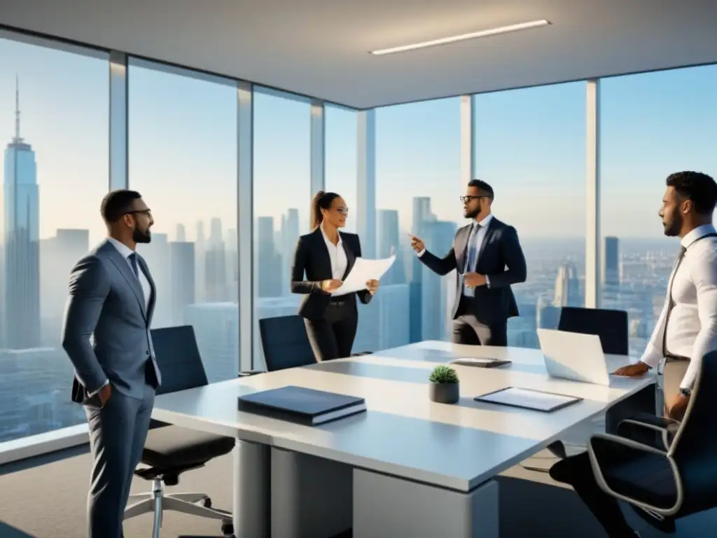 Profesionales colaborando en oficina moderna con vista a la ciudad Profesionales debaten normativa local en inmuebles en oficina moderna con vista a ciudad